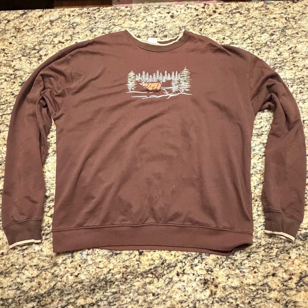 MC Sport Vintage Brown Embroidered Deer Nature Crewneck Sweatshirt Womens XL
